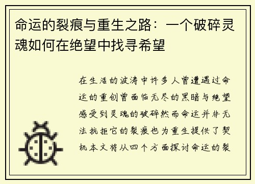 命运的裂痕与重生之路：一个破碎灵魂如何在绝望中找寻希望