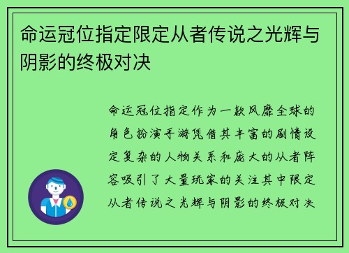 命运冠位指定限定从者传说之光辉与阴影的终极对决
